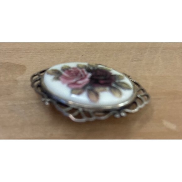 Vintage Sterling Silver Rose Brooch With Hand-Painted Porcelain Floral Cameo Des - Picture 5 of 10